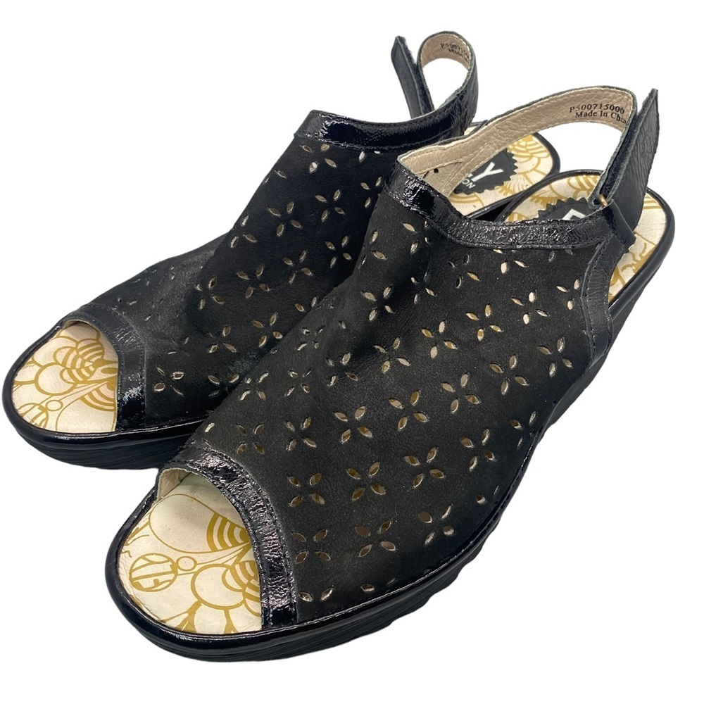 Fly London Yile Sandal Peep Toe‎ Slingback Black Wedge Platform Size 40